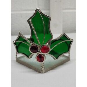 Stained Glass Votive Tea Light Candle Holder, Christmas Holly
